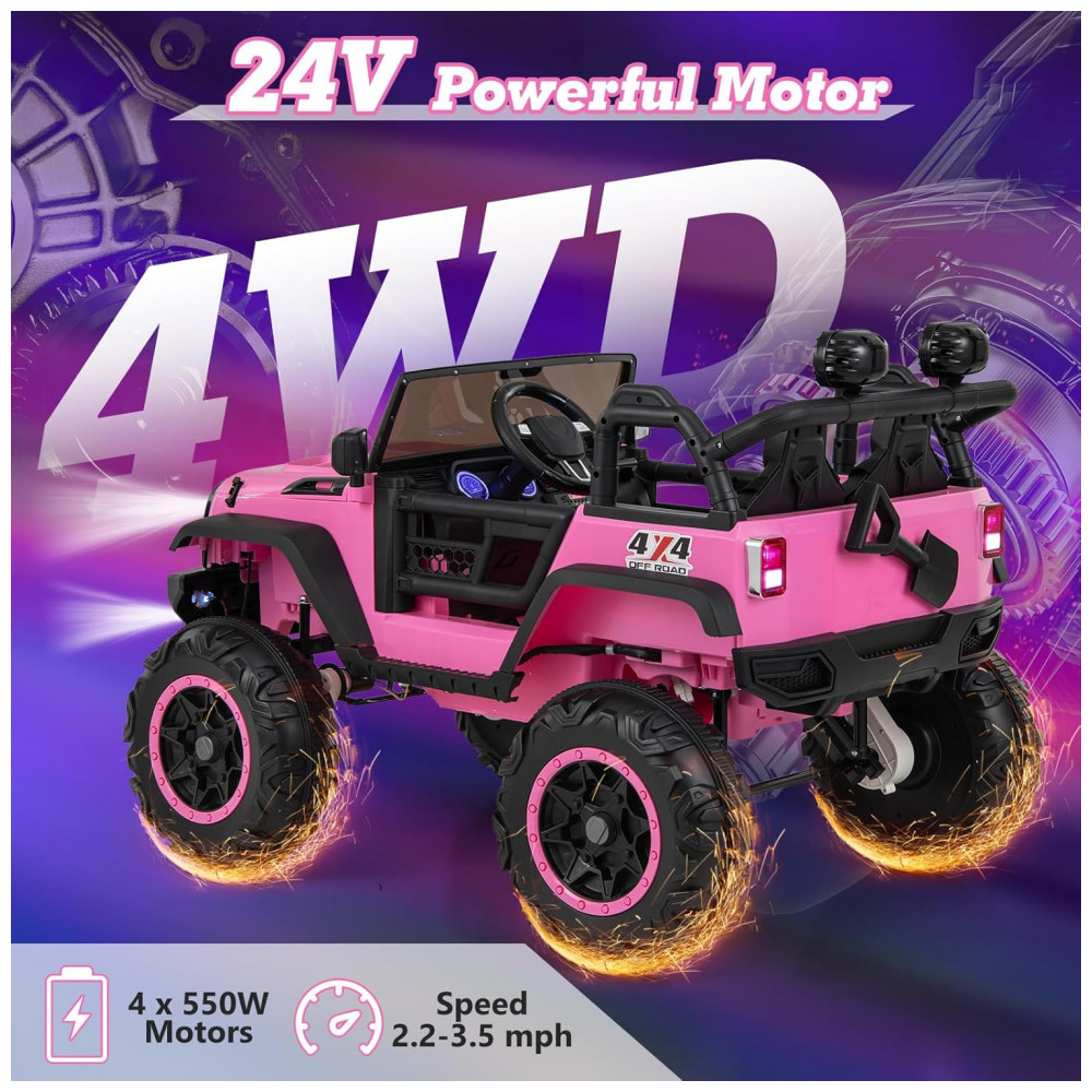 Carro Elétrico Infantil 2 Lugares OLAKIDS Rosa 24V 2WD/4WD Jeep 4x550W Controle Remoto LED Suspensão Música 20" Assento Duplo - Imagem 2