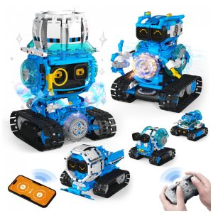 Robô STEM de montagem 5 em 1 Opmind controle remoto e app luz e som interativo 494 peças