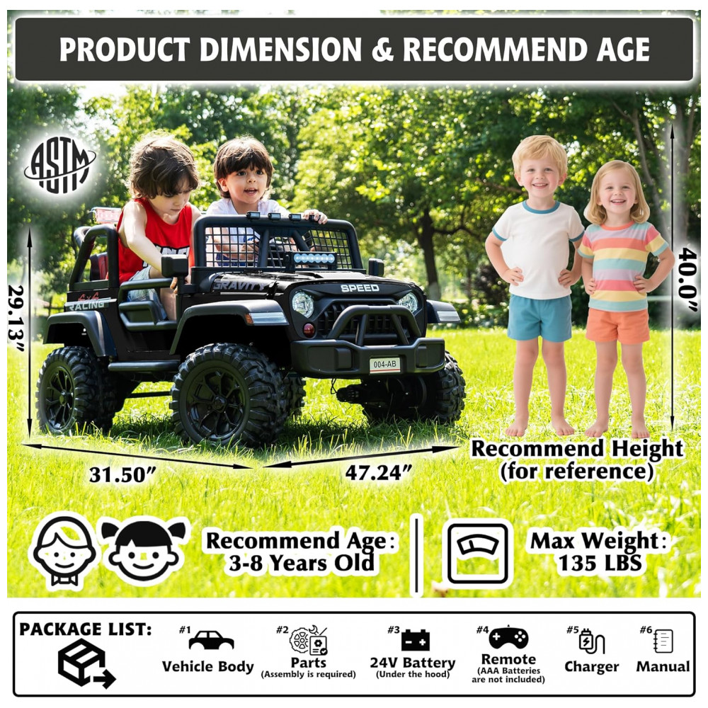 Carro Elétrico Infantil Sopbost Preto 24V 2 Lugares 4 Motores 4WD Pneus EVA Controle Bluetooth LED Off-Road - Imagem 2