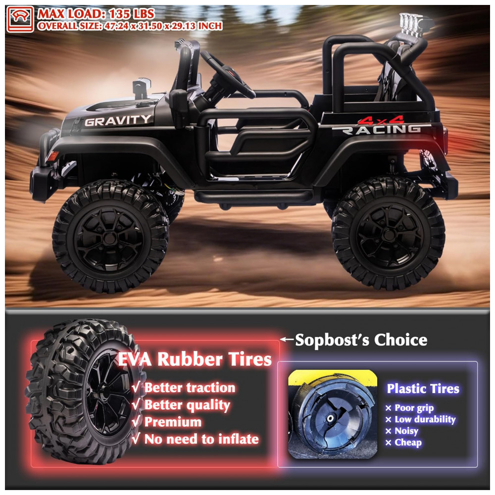 Carro Elétrico Infantil Sopbost Preto 24V 2 Lugares 4 Motores 4WD Pneus EVA Controle Bluetooth LED Off-Road - Imagem 3