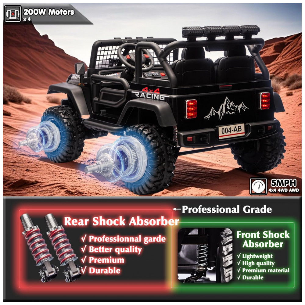 Carro Elétrico Infantil Sopbost Preto 24V 2 Lugares 4 Motores 4WD Pneus EVA Controle Bluetooth LED Off-Road - Imagem 4