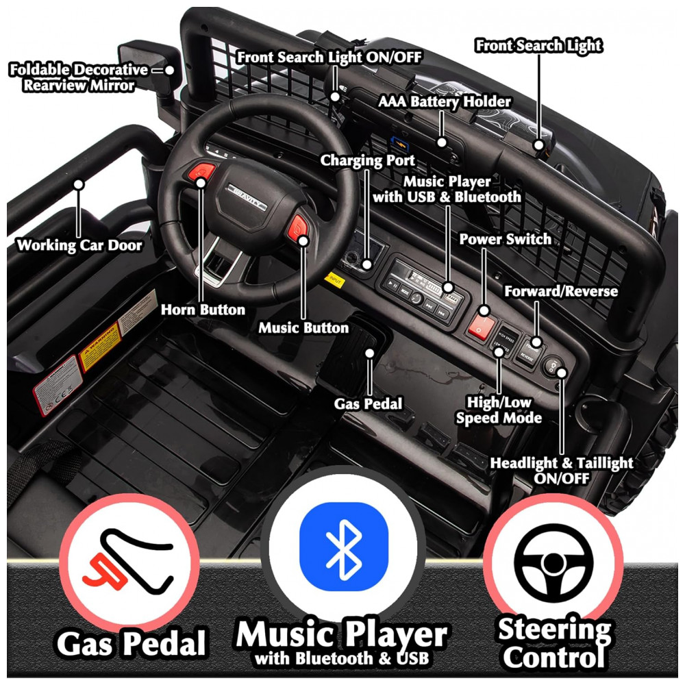 Carro Elétrico Infantil Sopbost Preto 24V 2 Lugares 4 Motores 4WD Pneus EVA Controle Bluetooth LED Off-Road - Imagem 5