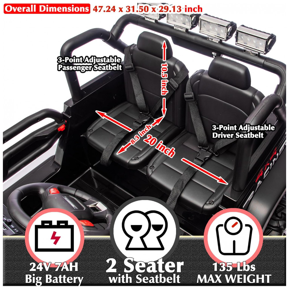 Carro Elétrico Infantil Sopbost Preto 24V 2 Lugares 4 Motores 4WD Pneus EVA Controle Bluetooth LED Off-Road - Imagem 6