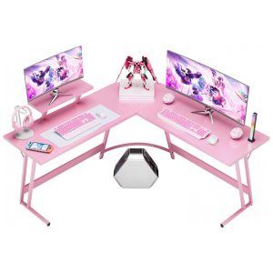 Mesa Gamer em L Homall Rosa 130 cm com Suporte para Monitor Grande Removível e Gaveta Estilo Carbono Fosco
