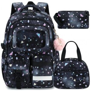 Mochila escolar AO ALI VICTORY preta 3 em 1 com lancheira e estojo para notebook até 16"