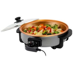 Frigideira Elétrica OVENTE de 30 cm com Revestimento Antiaderente 1400W Controle de Temperatura Ajustável e Tampa de Vidro Temperado