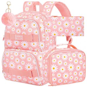 Mochila AGSDON 3 em 1 rosa com estampa de margaridas para notebook 17" com lancheira e estojo