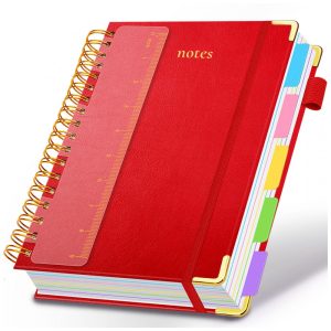 Caderno universitário espiral capa dura GDGDSY B5 8x10 5 matérias 300 páginas pautadas divisórias removíveis capa couro sintético vermelho