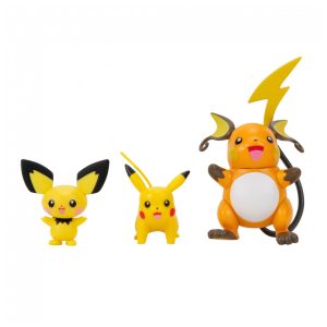 Conjunto de figuras Pokémon Select Evolution Pichu Pikachu e Raichu com acabamento exclusivo
