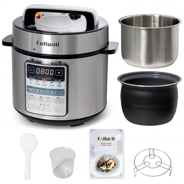 Panela de Pressão Elétrica Fullwill 6 litros Dual Pots, 12 em 1 MultiFunção com Panelas de Cerâmica e Aço Inoxidável 304, Cozinha à Pressão, Sopas, Mingaus