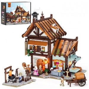 Conjunto de Blocos de Montar FUNWHOLE Loja de Alfaiate Medieval LED 1994 Peças 9 Pontos Luz Paredes Rotativas Marrom