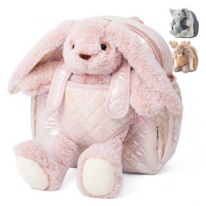 Mochila infantil de pelúcia Moonkie Hug & Go coelho com pelúcia destacável para crianças de 2 a 4 anos rosa suave