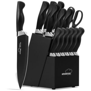 Conjunto de Facas em Aço Inoxidável com Bloco de Bancada e Afiador Embutido 15 Peças Amorston Preto
