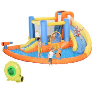 Parque Aquático Inflável 5 em 1 até 150 kg com Piscina de Água Escorregador Paredes de Escalada e 2 Canhões de Água Outsunny Colorido