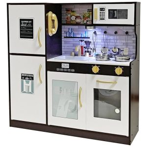 Cozinha Infantil em Madeira com Luz Forno Micro-Ondas Pia e Utensílios para Crianças Acima de 3 Anos Marrom e Branca
