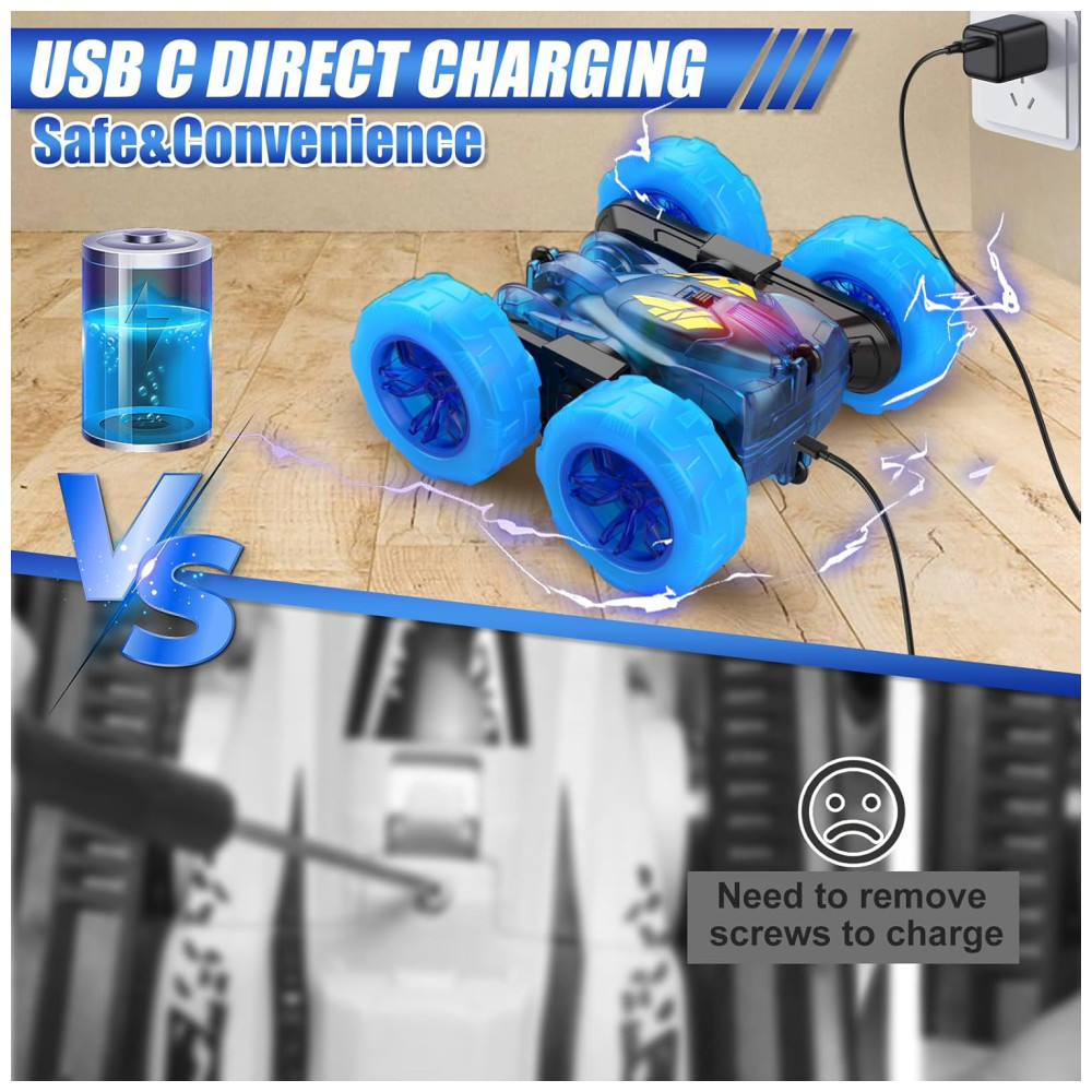 Carrinho de Controle Remoto com Luzes Coloridas e Recarga Rápida USB-C - Veículo RC de Acrobacias 4WD Recarregável Ideal para Presente - RacingFun - Imagem 2