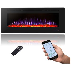 Lareira Elétrica Inteligente de 102 cm com Wi-Fi Embutida ou de Parede 13 Chamas e 3 Luzes Controle Remoto Timer Termostato Preta Masarflame