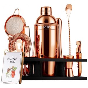 Kit Bartender Profissional 11 Peças em Aço Inoxidável com Suporte de Madeira SOING Ouro Rosa