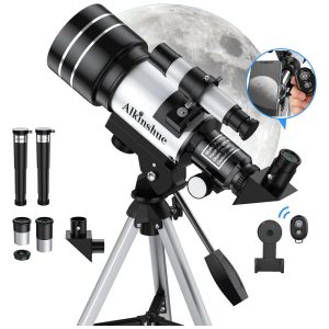 Telescópio Astronômico 150x com Tripé Ajustável Adaptador de Celular e Controle Remoto Alkinshue Branco