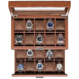 Caixa Estojo de Couro e Tampo de Vidro para Relógios com 20 Compartimentos ROTHWELL Marrom