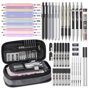 Kit escolar 50 peças Nicpro preto com estojo e marcadores pastel para escrita desenho e destaque