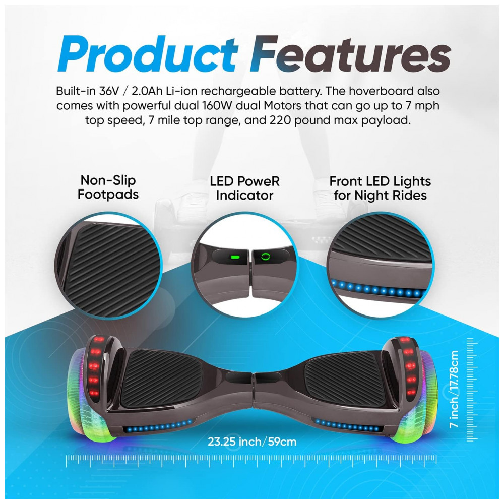 Hoverboard SIMATE Preto 6,5" com Bluetooth, Luzes LED e Certificação UL2272 – Até 13,7 km/h, Autonomia de 12,8 km - Imagem 2