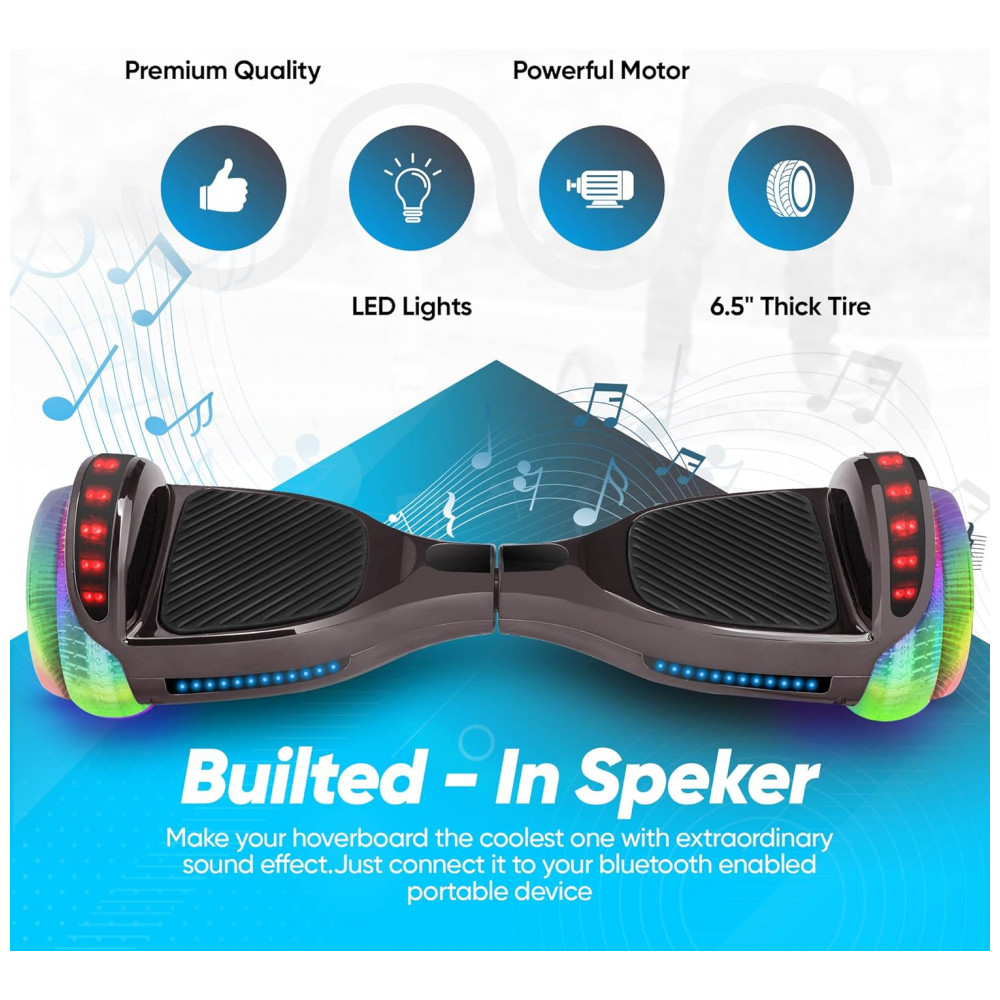 Hoverboard SIMATE Preto 6,5" com Bluetooth, Luzes LED e Certificação UL2272 – Até 13,7 km/h, Autonomia de 12,8 km - Imagem 3