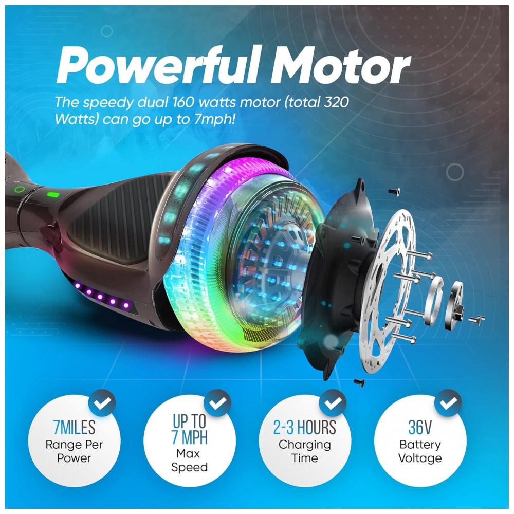 Hoverboard SIMATE Preto 6,5" com Bluetooth, Luzes LED e Certificação UL2272 – Até 13,7 km/h, Autonomia de 12,8 km - Imagem 5