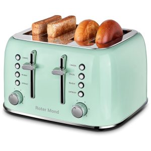 Torradeira Elétrica Retrô 4 Fatias em Aço Inoxidável com Painel de Controle Duplo Independente Bandeja de Migalhas Removível e 6 Níveis de Tostagem 1600W Roter Mond Verde Água