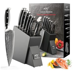 Conjunto de Facas NANFANG BROTHERS em Aço Damasco com Bloco de Bancada Multinível e Cabo Ergonômico 7 Peças Preta