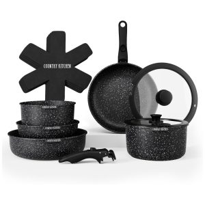 Jogo de Panelas e Frigideiras Material em Alumínio com 16 Peças e Cabo Removível Country Kitchen Preto