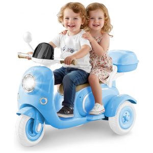 Moto Elétrica Infantil HEIMILI 12V Azul 3 Rodas 2 Lugares com Bluetooth MP3 Baú e Estabilidade