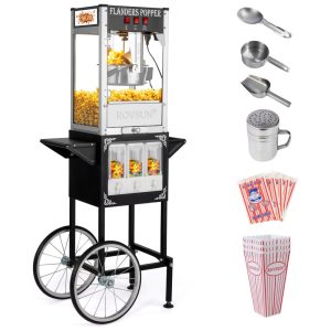 Máquina de Pipoca ROVSUN Estilo Cinema com Carrinho e Rodas Chaleira de 227 g Faz Até 75 Litros com Dispensadores de Doces Colher de Pipoca.