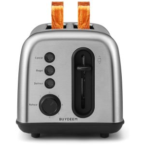 Torradeira BUYDEEM DT420 2 Fatias em Aço Inoxidável com Slots Extra Largos 6 Configurações de Tostagem Design Compacto Retro Prateado