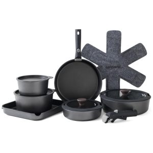 Jogo de Panelas e Frigideiras Antiaderentes Material em Alumínio com 17 Peças e Cabo Removível SENSARTE Preto