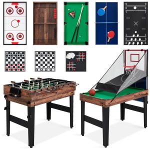 Mesa de Jogos 13 em 1 para Diversão em Casa com Pingue-Pongue Pebolim Basquete Air Hockey Arco e Flecha Xadrez Damas Shuffleboard e Boliche Best Choice Products Marrom Escuro