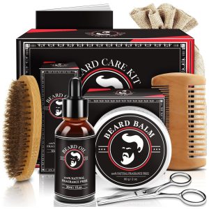 Kit para Barba Profissional Portátil com Cera Óleo Tesoura e Pente 5 Itens ABUDICS Preto