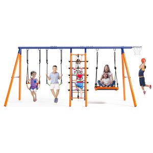 Balanço Infantil 6 em 1 SIHANM Metal Reforçado Laranja e Azul com 3 Balanços Ajustáveis Escada Rede e Cesta de Basquete Capacidade 318 kg
