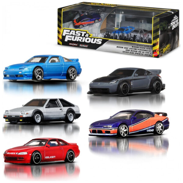Colecionáveis Hot Wheels, Conjunto Premium Velozes e Furiosos: Desafio em Tóquio, 5 Veículos em Miniatura Escala 1:64 do Filme, Embalagem Colecionável