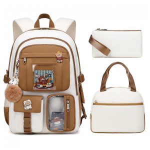 Mochila LXYGD 3 em 1 bege e cáqui para notebook até 16" com lancheira e estojo impermeável