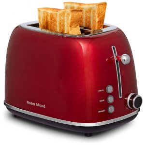 Torradeira Roter Mond 2 Fatias Vermelha Retro Inox 6 Níveis Funções Bagel Descongelar Cancelar Slots Largos Bandeja Removível 110V