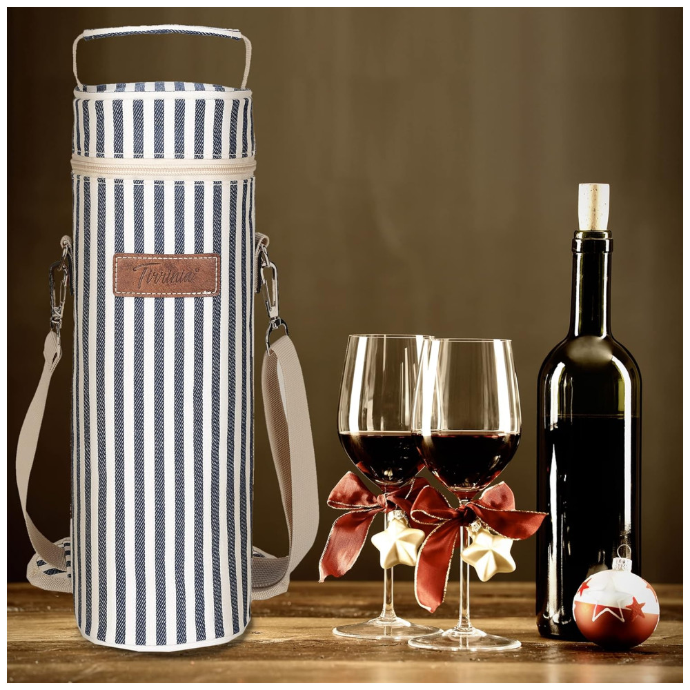 Bolsa Térmica para Vinho Tirrinia - Transporte Seguro e Estiloso para Amantes de Vinho - Presente Perfeito para Degustações Viagens e Festas - Listras Azuis - Imagem 6