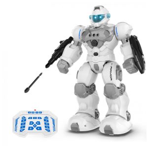 Robô programável STEMTRON branco com controle remoto gestos modo cantar e dançar lançador e bateria recarregável
