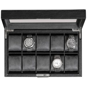Caixa Estojo de Couro com Trava e Visor de Vidro para Relógios com 10 Compartimentos ROTHWELL Preto e Cinza