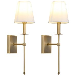 Conjunto de Luminária de Parede com 2 Peças Estilo Industrial Rústico Clássico Abajur de Tecido Alargado 220V Permo Y800 Dourado