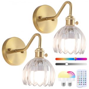 Rnzziw Conjunto de 2 Arandela Vintage Recarregável com Controle Remoto RGB Dimável Lâmpadas de Parede Sem Fio com Abajur de Vidro Transparente 23cm