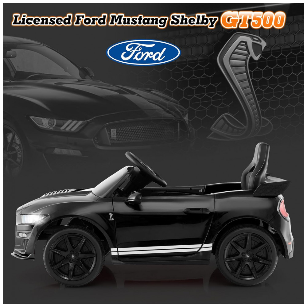 Carro Elétrico Infantil Licenciado Ford Mustang Shelby GT500 OLAKIDS Preto 12V 2 Velocidades Controle Remoto LED USB Rádio Música - Imagem 3