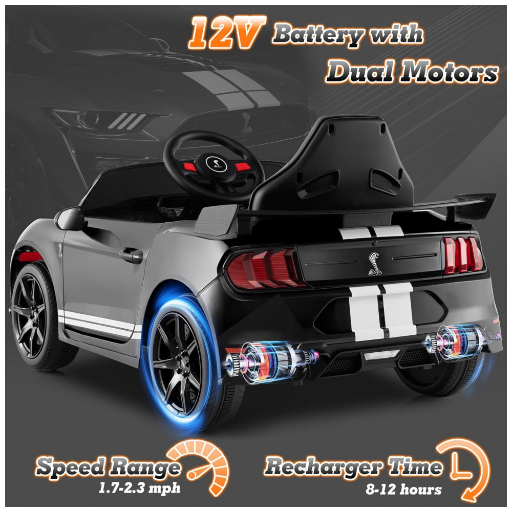 Carro Elétrico Infantil Licenciado Ford Mustang Shelby GT500 OLAKIDS Preto 12V 2 Velocidades Controle Remoto LED USB Rádio Música - Imagem 4