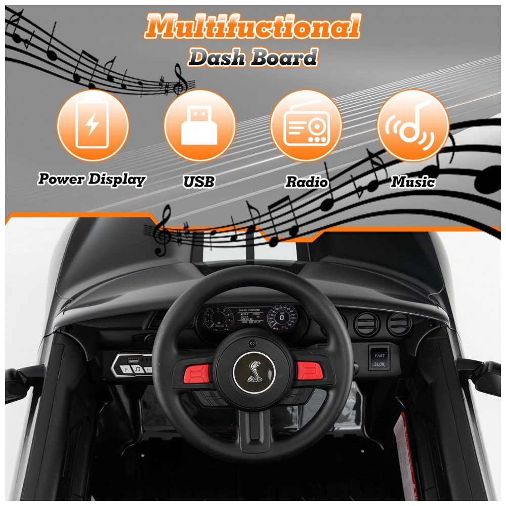 Carro Elétrico Infantil Licenciado Ford Mustang Shelby GT500 OLAKIDS Preto 12V 2 Velocidades Controle Remoto LED USB Rádio Música - Imagem 6