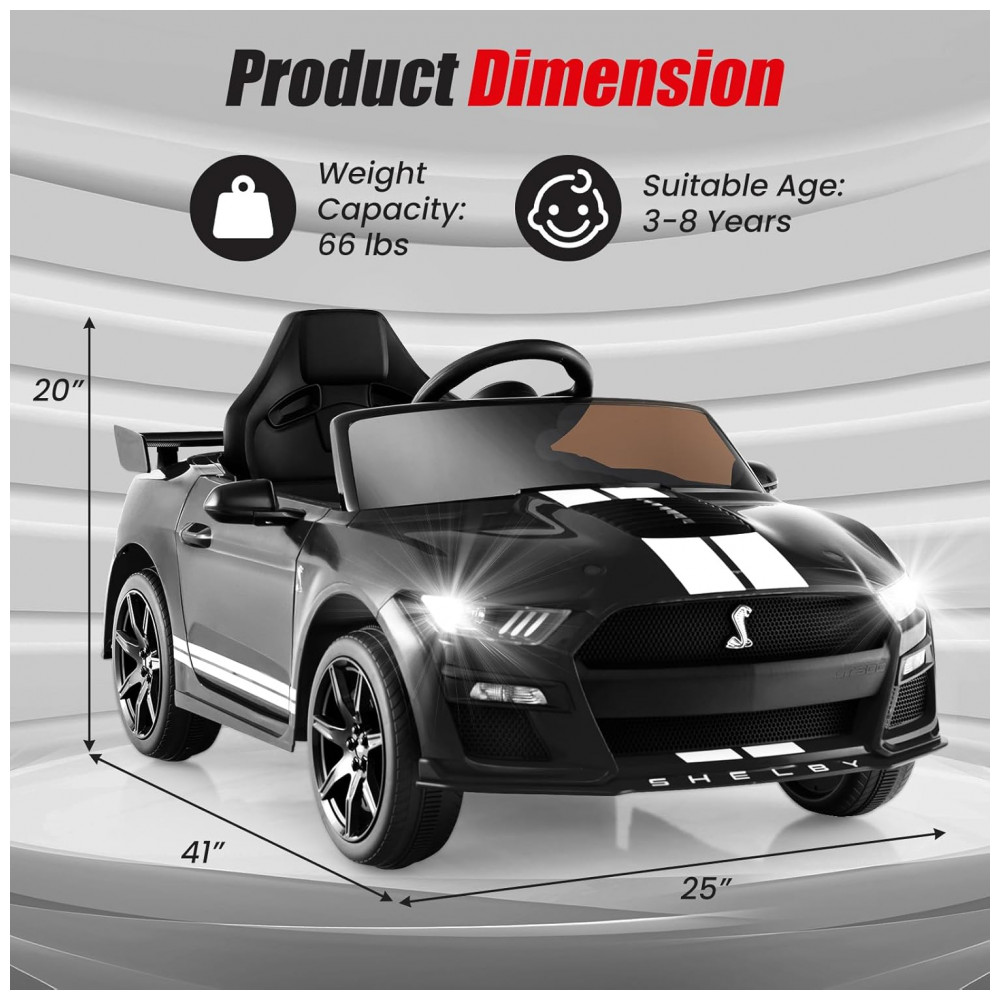 Carro Elétrico Infantil Licenciado Ford Mustang Shelby GT500 OLAKIDS Preto 12V 2 Velocidades Controle Remoto LED USB Rádio Música - Imagem 7